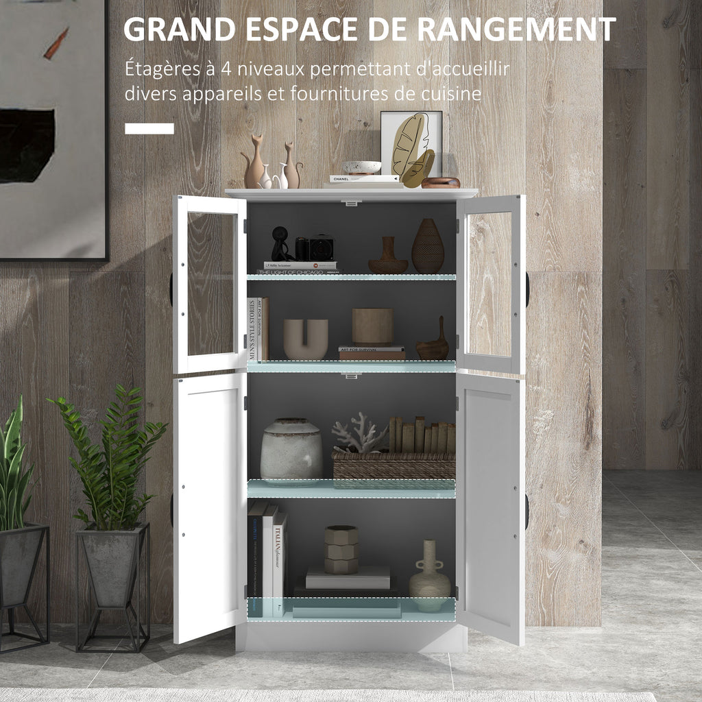 Buffet de cuisine armoire multi-rangements 2 placards, portes en verre, 4 étagères en bois blanc-3