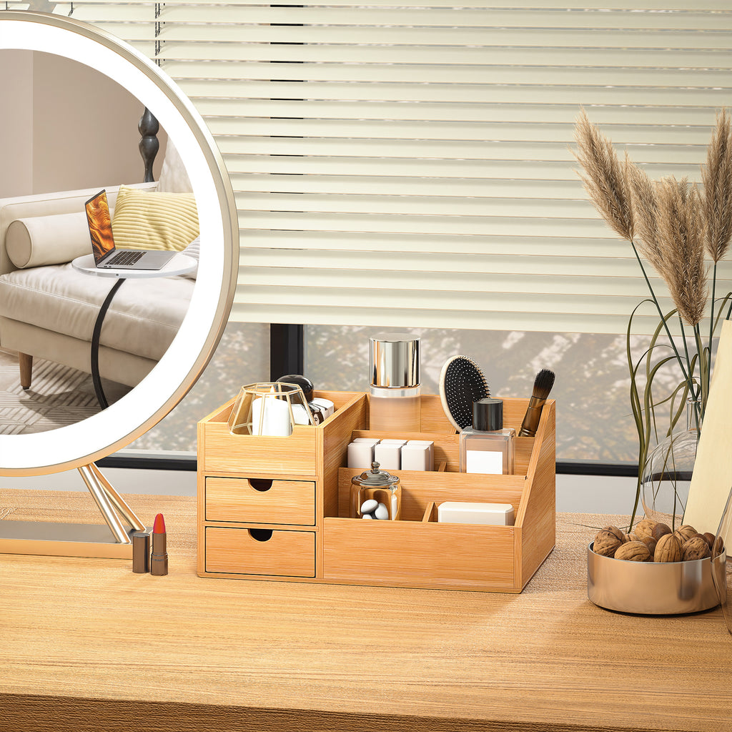 Boite de Rangement de Bureau - Organiseur de Bureau - 7 Compartiments, 2 tiroirs - Bambou Verni, Bambou-8