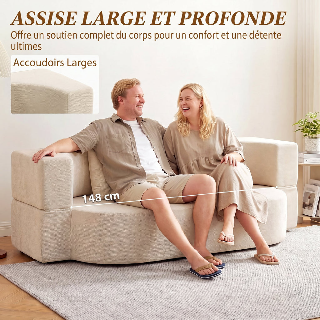 Canapé Convertible 2 Places, Canapé-Lit en Chenille 190cm, Dossier Rabattable, Assise et Accoudoirs Larges, Beige-6
