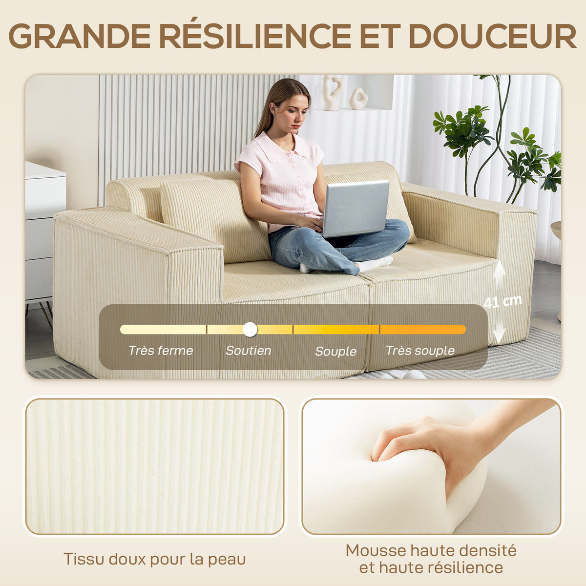 Canapé 3 places en velours côtelé, canapé rembourré, larges accoudoirs, 2 coussins, pas de montage, 202x90x76cm, beige-3