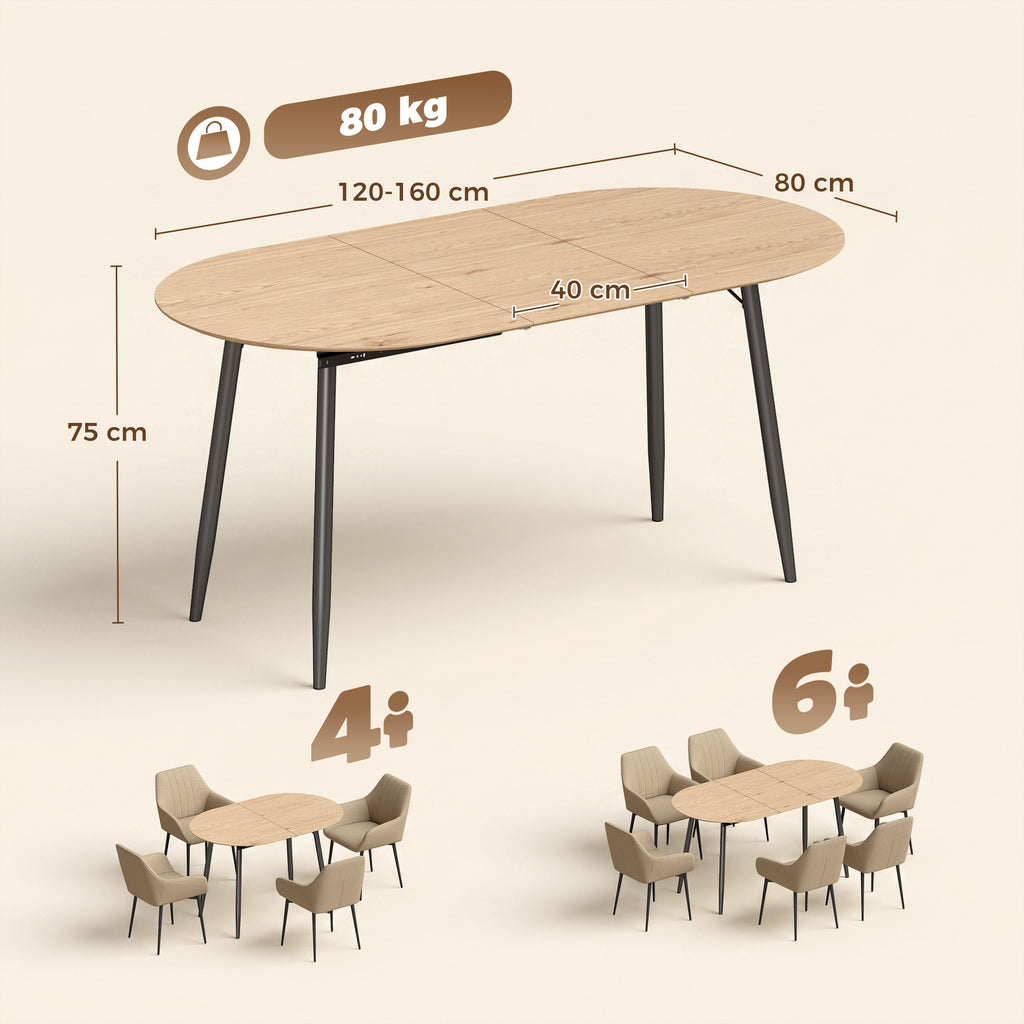 Table à manger extensible ovale pour 4 à 6 personnes, table de cuisine 120-160 cm, bords arrondis, chêne-2