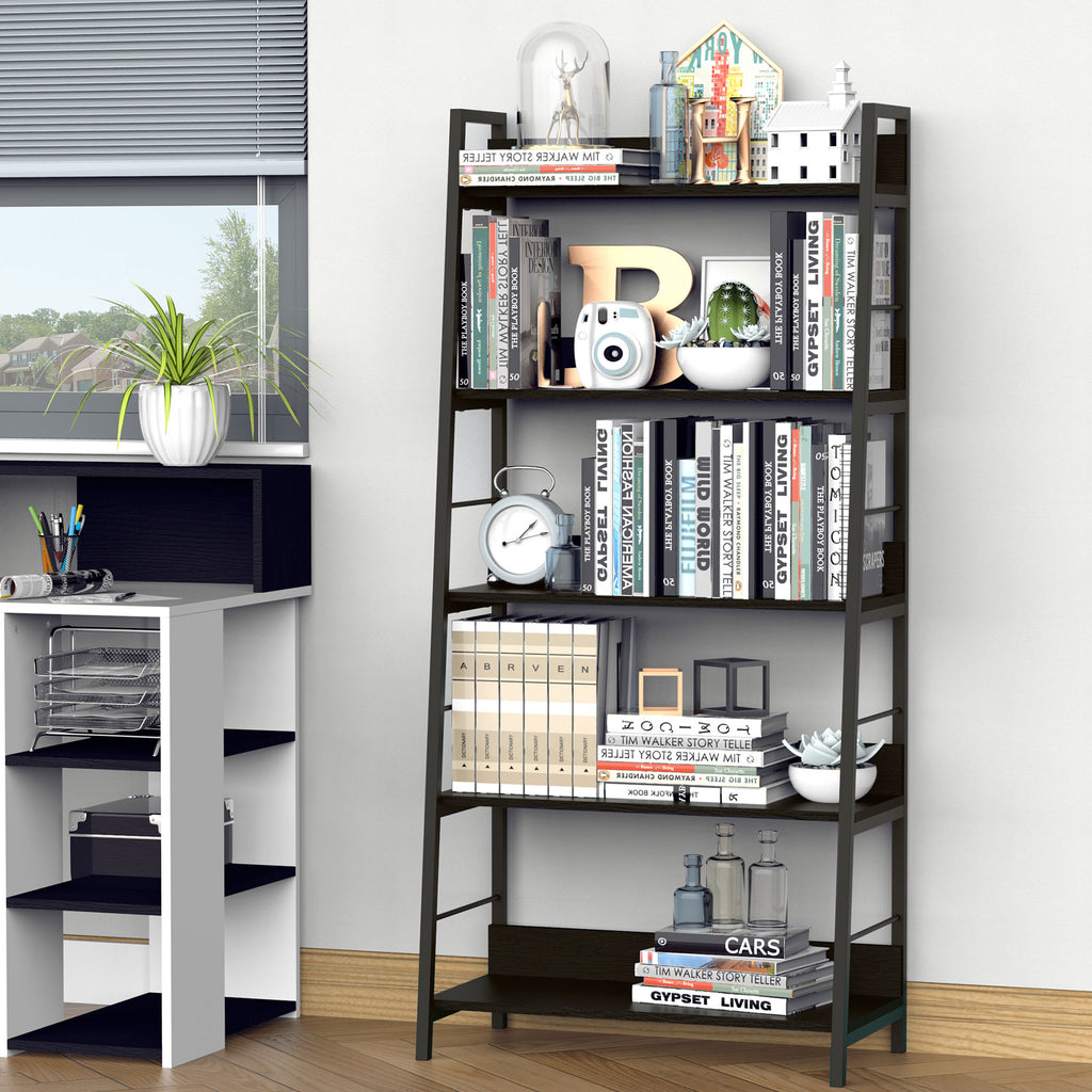 Étagère bibliothèque de Rangement Style Industriel incliné 5 Niveaux 70L x 35l x 150H cm Noir-7