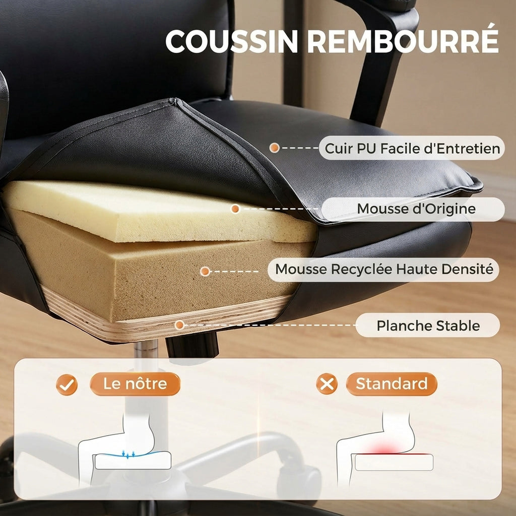 Chaise bureau ergonomique, fauteuil de bureau en PU, hauteur réglable, fonction bascule, pivotante 360°, noir-4