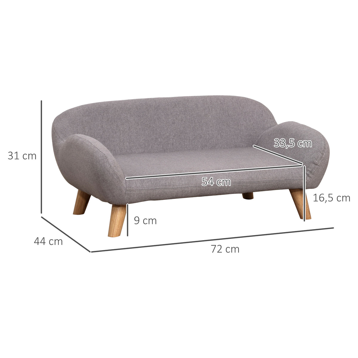 Canapé pour chien canapé pour animal de compagnie pieds effilés en bois revêtement tissu 72 x 44 x 31 cm - gris-2
