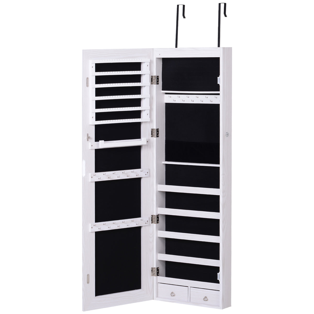 Armoire à bijoux suspendue au mur ou à la porte avec miroir, LED, 5 étagères, 2 tiroirs, 37x10x120cm, effet bois grisé-0