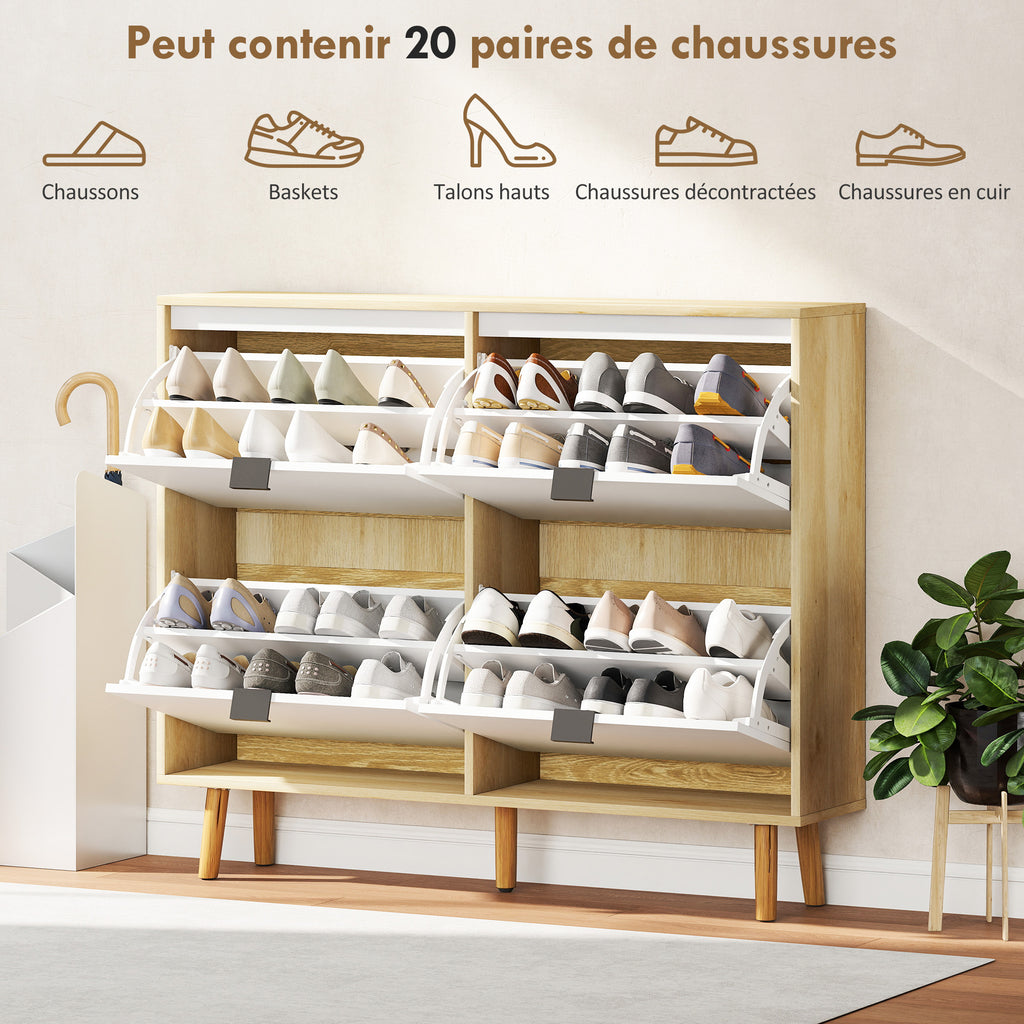 Meuble à chaussures, armoire à chaussures étroite, 4 tiroirs rabattables, porte haute brillante, 105x24x92,5cm, blanc-4