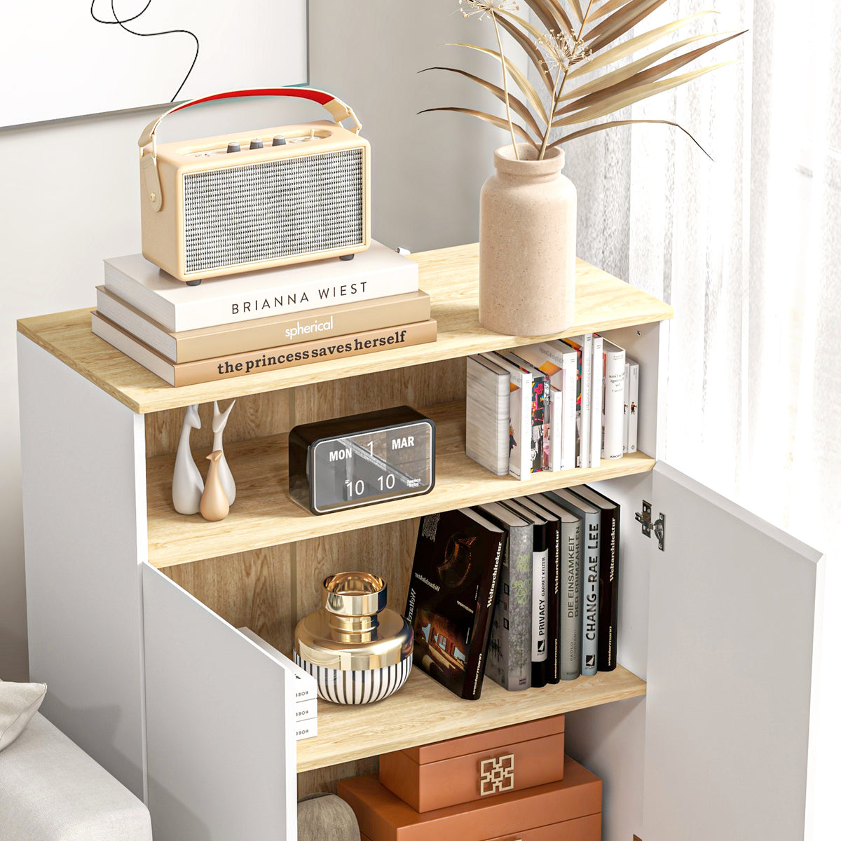 Meuble de rangement buffet sur pied scandinave placard 2 portes avec étagère intérieure blanc et aspect bois-8