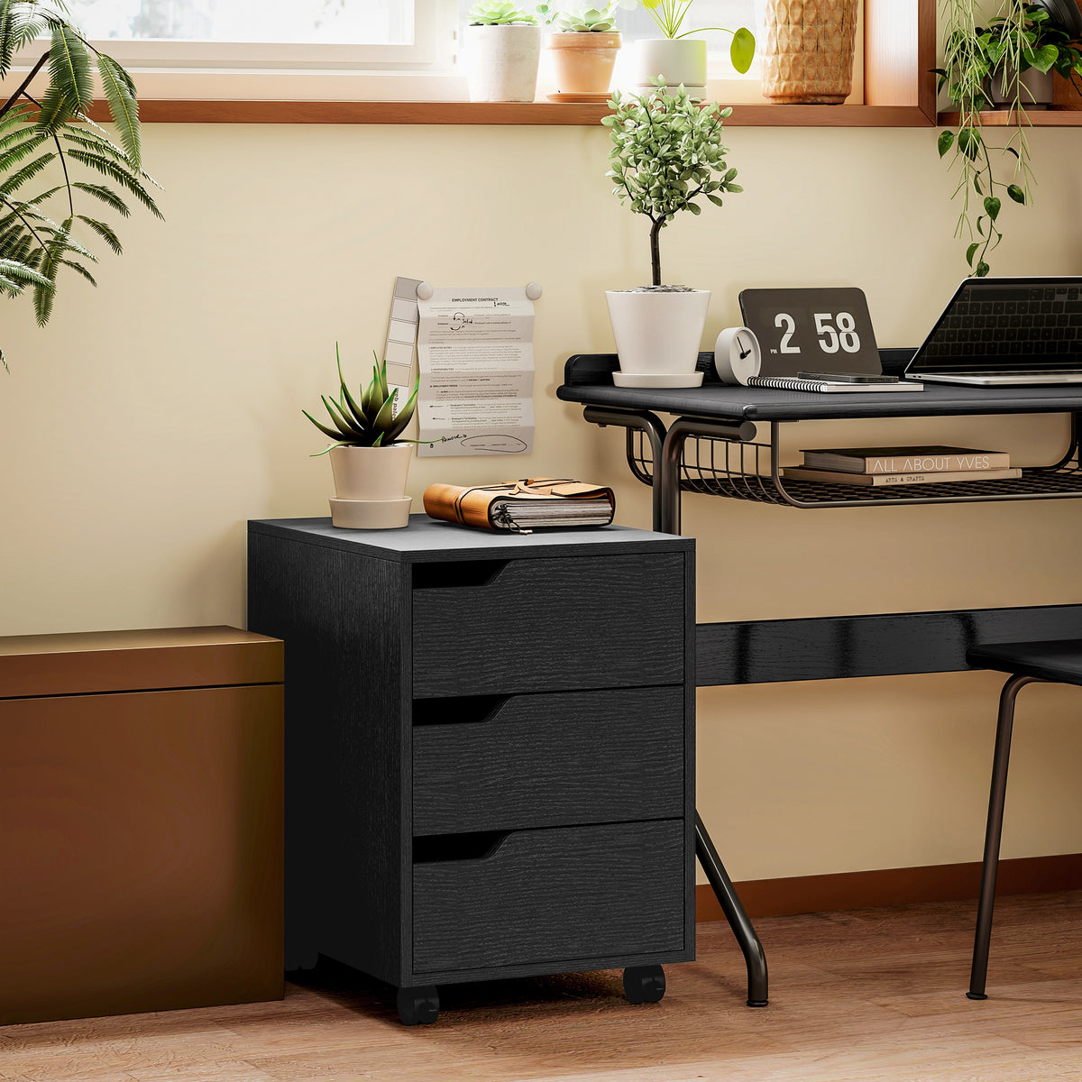 Caisson bureau mobile, meuble rangement bureau sur roulettes, 3 tiroirs, 40x50x57,5cm, noir-1