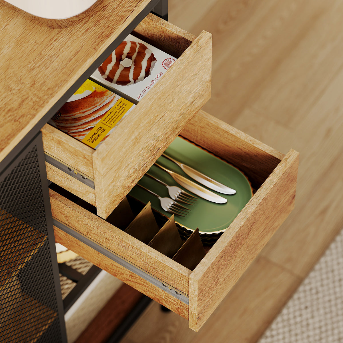Buffet, armoire de cuisine, plan de travail, porte coulissante, tiroirs et étagères ouvertes, 60x40x180cm, bois naturel-8