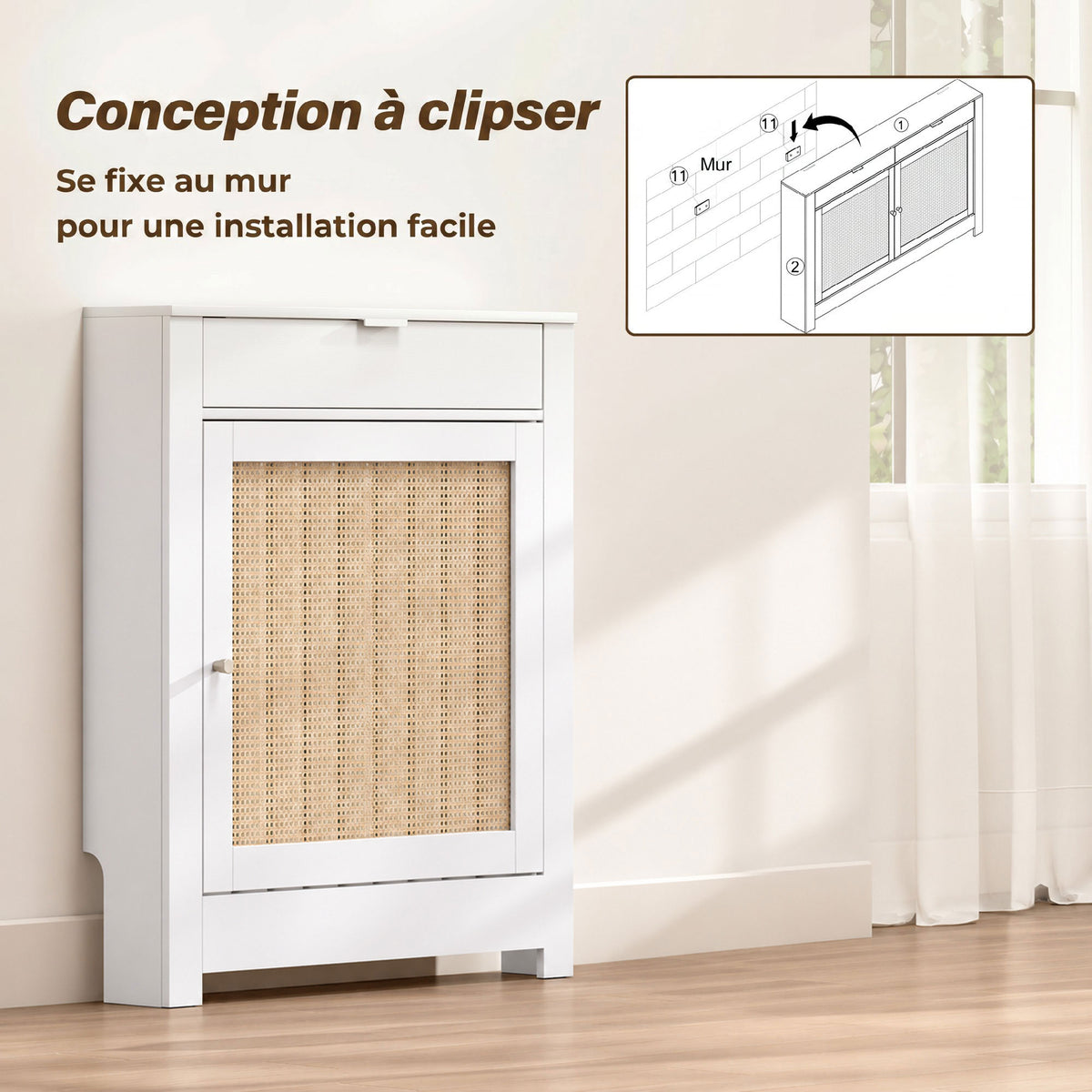 Cache-Radiateur avec Placard Rabattable et Porte en Rotin, Couvercle de Radiateur en Bois avec Compartiment, Blanc-5