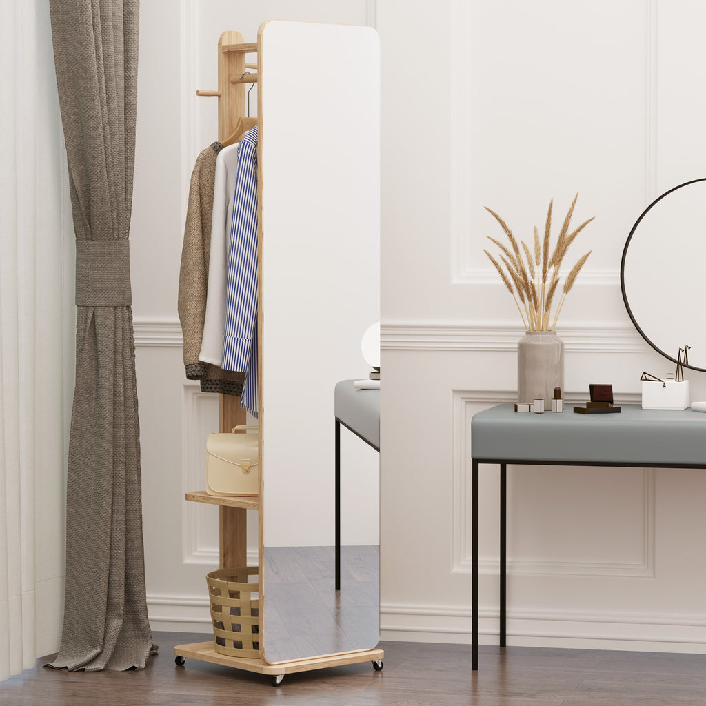 Miroir sur Pied avec roulettes - Portant, 4 patères étagère MDF Aspect Bois Clair-1
