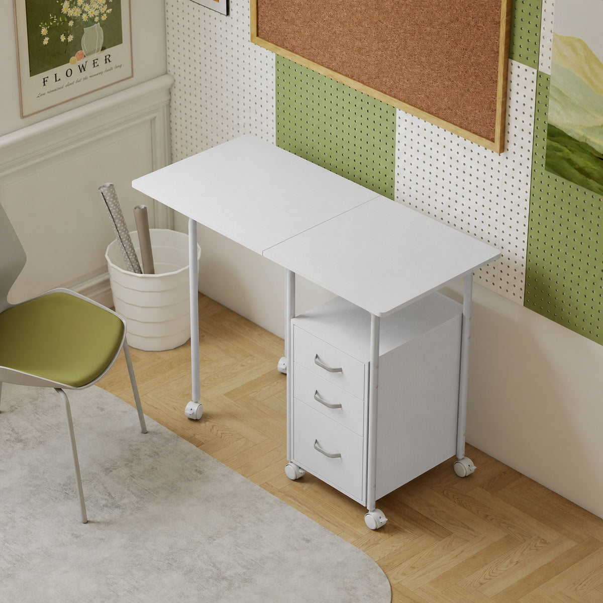 Bureau d'ordinateur pliable sur roulettes, bureau avec rangement, 3 tiroirs, plateau extensible, 105x51x75,5cm, blanc-1