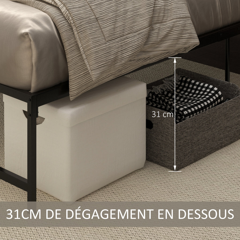 Cadre de lit double 140 x 190 cm, lit double 2 personnes en acier, hauteur 31 cm avec rangement, sommier à lattes, noir-3