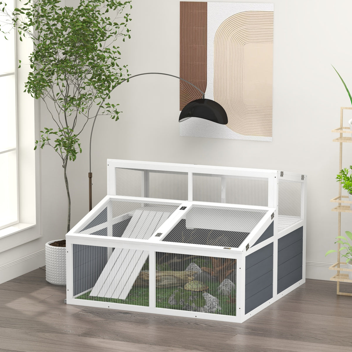 Maison enclos cage pour petit animal tortue avec 2 espaces toit en polycarbonate 3 portes rampe 115 x 115 x 82 cm gris-1