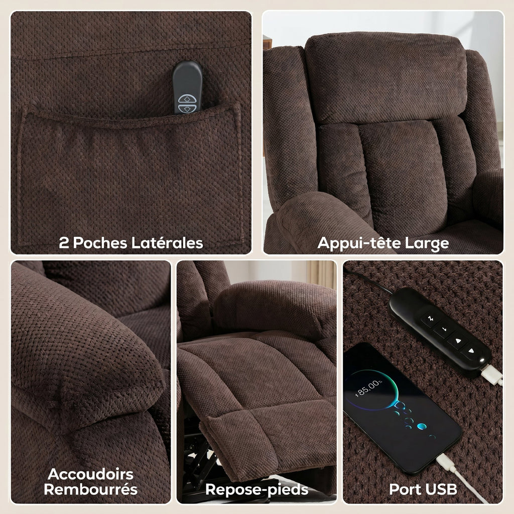 Fauteuil Releveur Électrique, Fauteuil Relax Électrique en Velours, Dossier Inclinable, Assise Large, Port USB, Marron-5