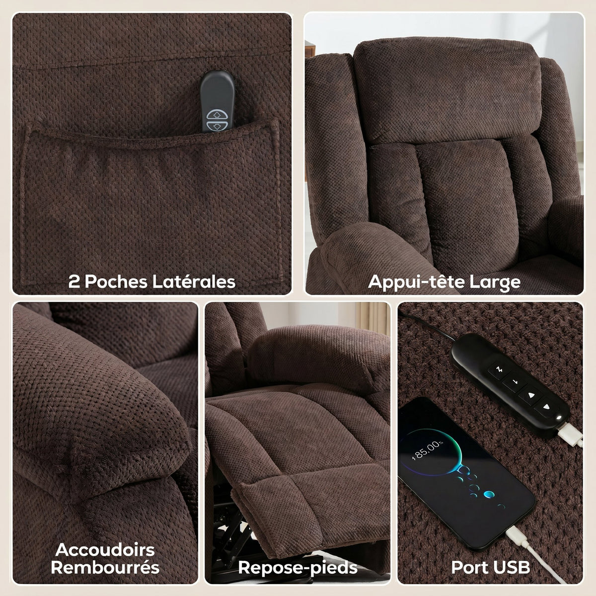 Fauteuil Releveur Électrique, Fauteuil Relax Électrique en Velours, Dossier Inclinable, Assise Large, Port USB, Marron-5