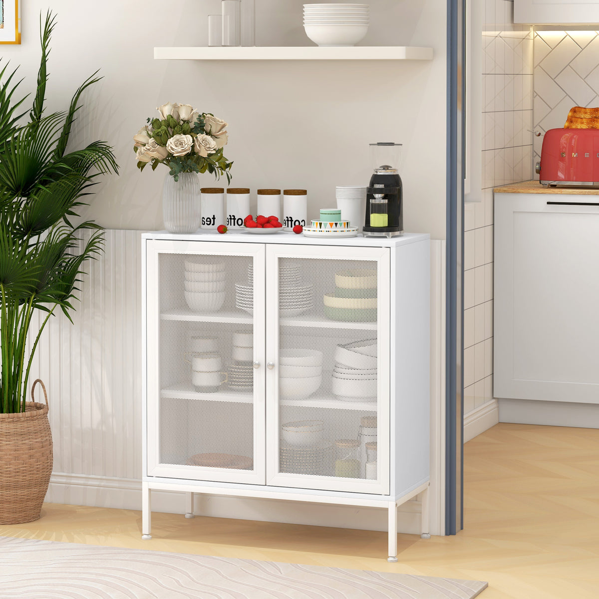 Buffet meuble de cuisine à 3 niveaux avec 2 portes grillagées avec étagère réglable 80 x 37 x 92 cm blanc-9