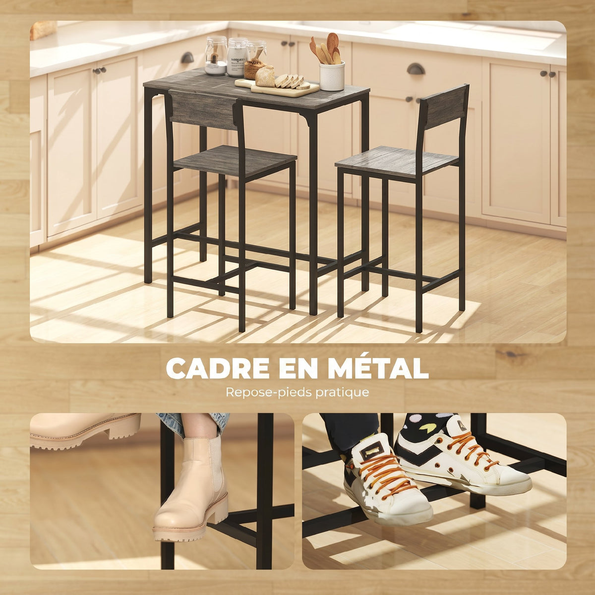 Ensemble table de bar avec tabourets, table à manger debout avec 2 chaises de bar, repose-pieds et dossiers, gris-3