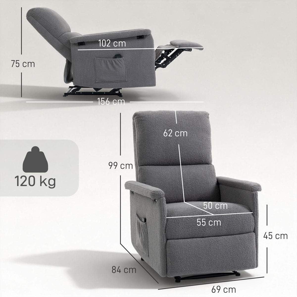 Fauteuil de massage inclinable, fauteuil de relaxation, dossier réglable, large assise, repose-pied, 69x84x99cm, gris-2