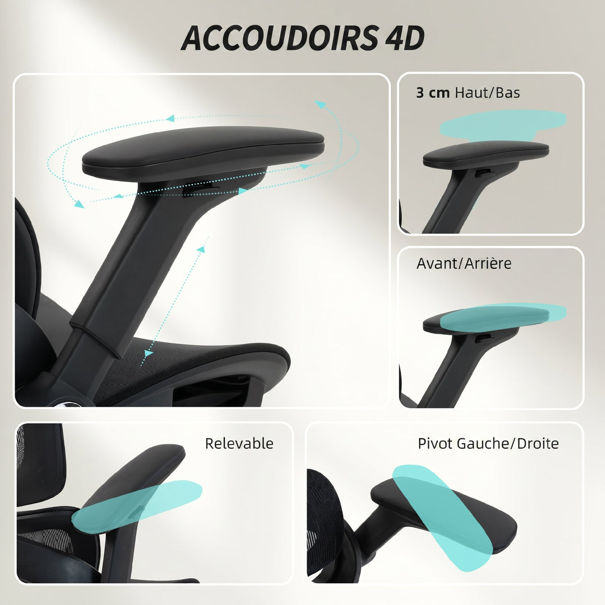Chaise Bureau Ergonomique avec Accoudoirs 4D Appui-Tête et Profondeur d'Assise Réglables Maille Noir-6