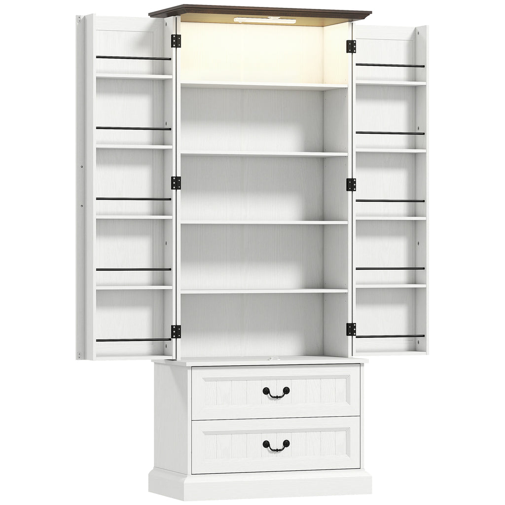 Buffet haut cuisine, armoire de cuisine, LED à capteur, 2 portes, tiroirs et étagères réglables, 76x39,5x183cm, blanc-0