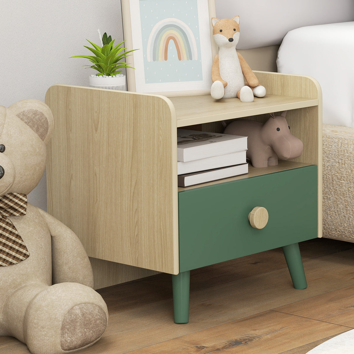 Table de chevet enfant table de nuit enfant avec tiroir et niche, petite table d'appoint en bois pour chambre d'enfant-8