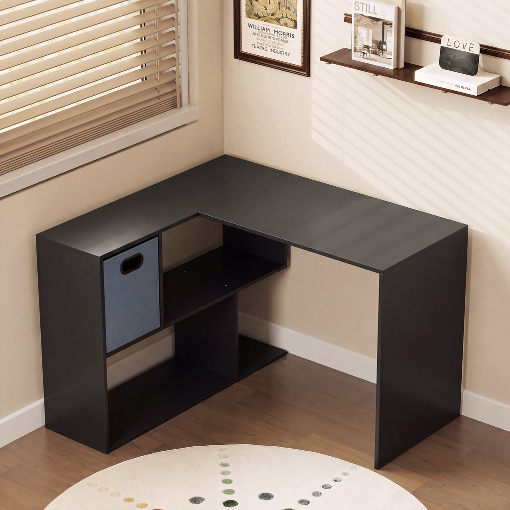 Bureau d'angle, bureau d'ordinateur avec tiroir en tissu et compartiments ouverts, 110 x 100 x 75 cm, noir-1