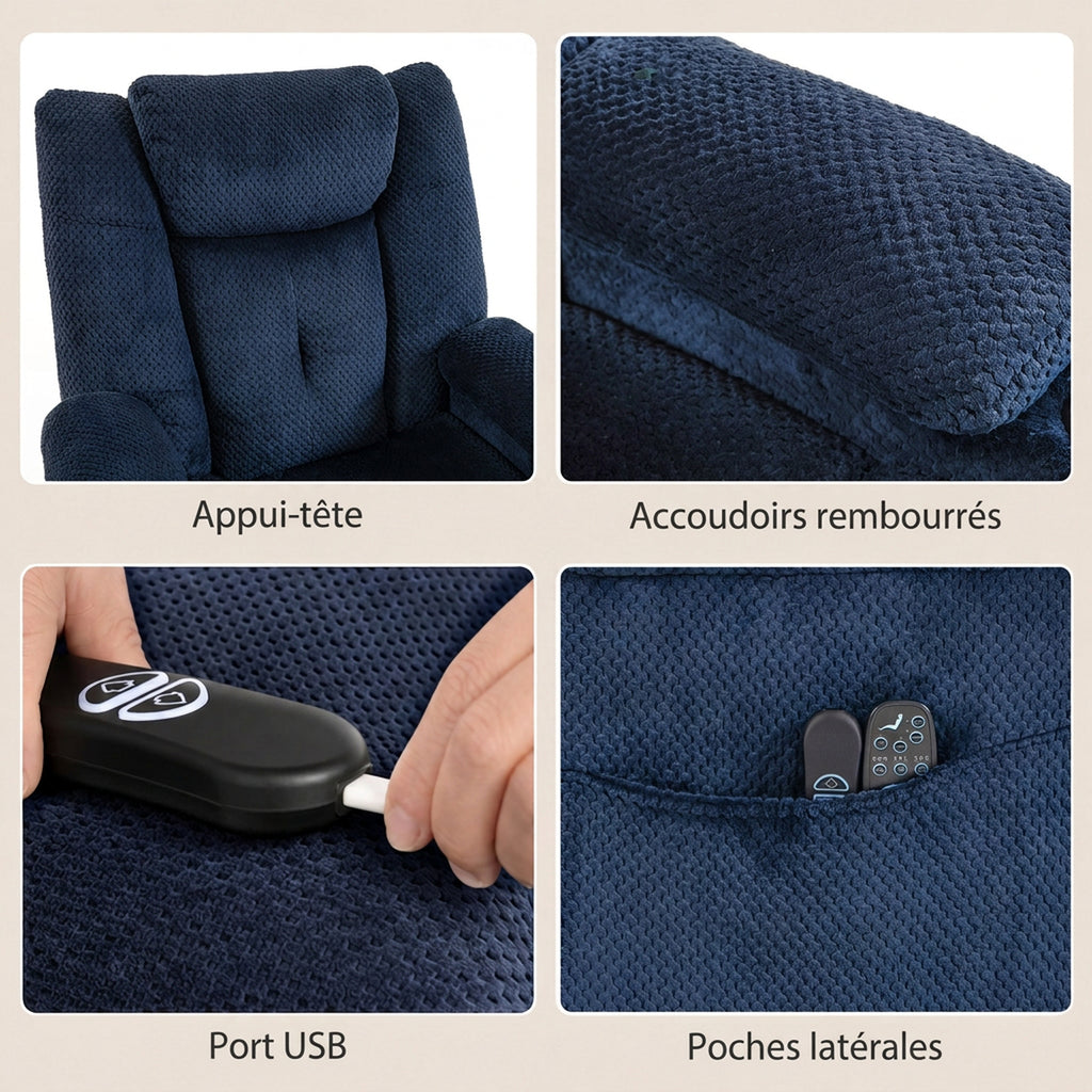 Fauteuil Releveur Électrique Massage Vibration et Chaleur, Fauteuil Relax Électrique en Velours, Dossier Inclinable Bleu-6