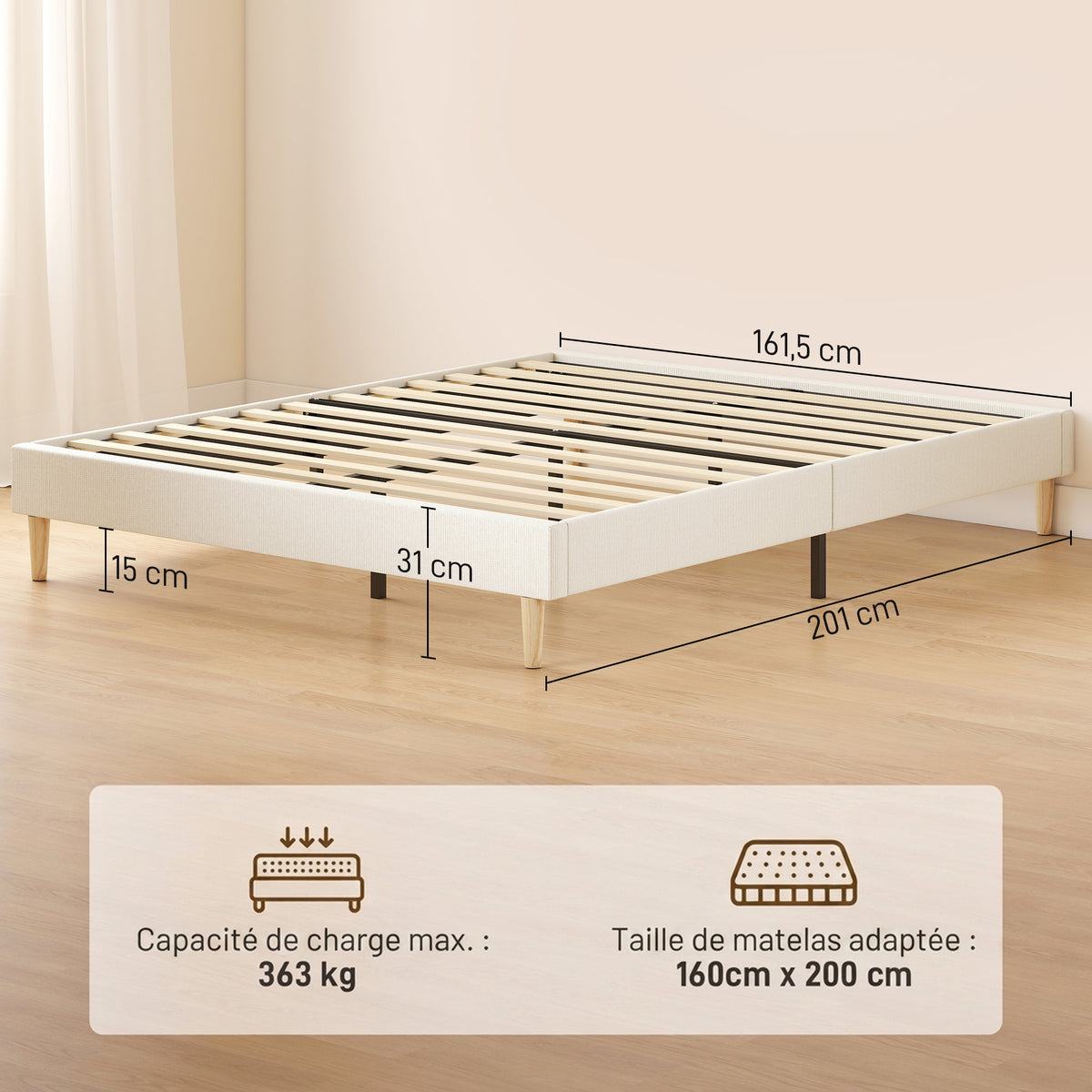 Cadre de Lit 160 x 200 cm avec Sommier, Lit Double Rembourré en Velours Côtelé, Espace de Rangement Au-Dessous, Crème-2