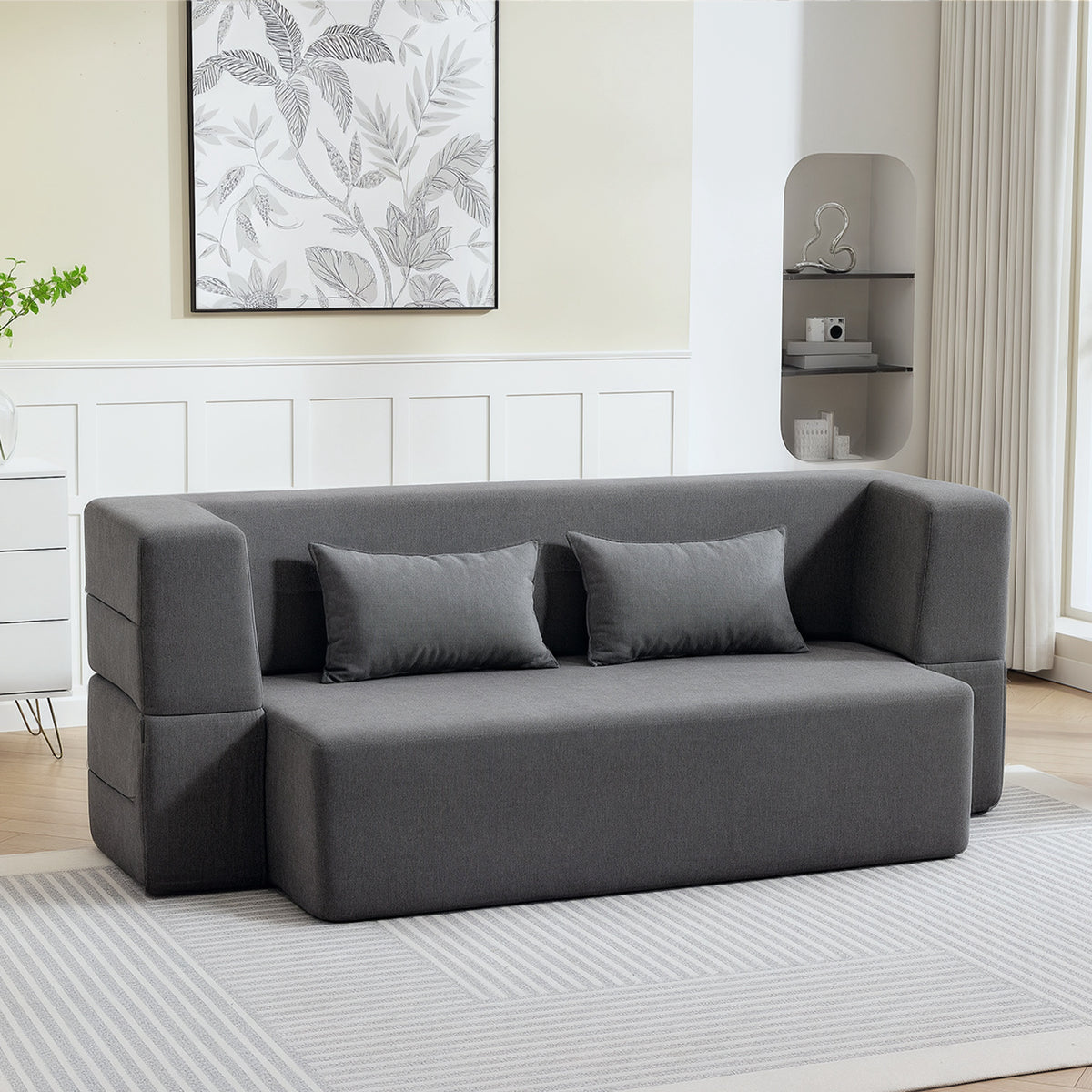 Canapé convertible 2 places, canapé-lit en chenille, assise et accoudoirs larges 2 coussins, entièrement compressé, gris-9