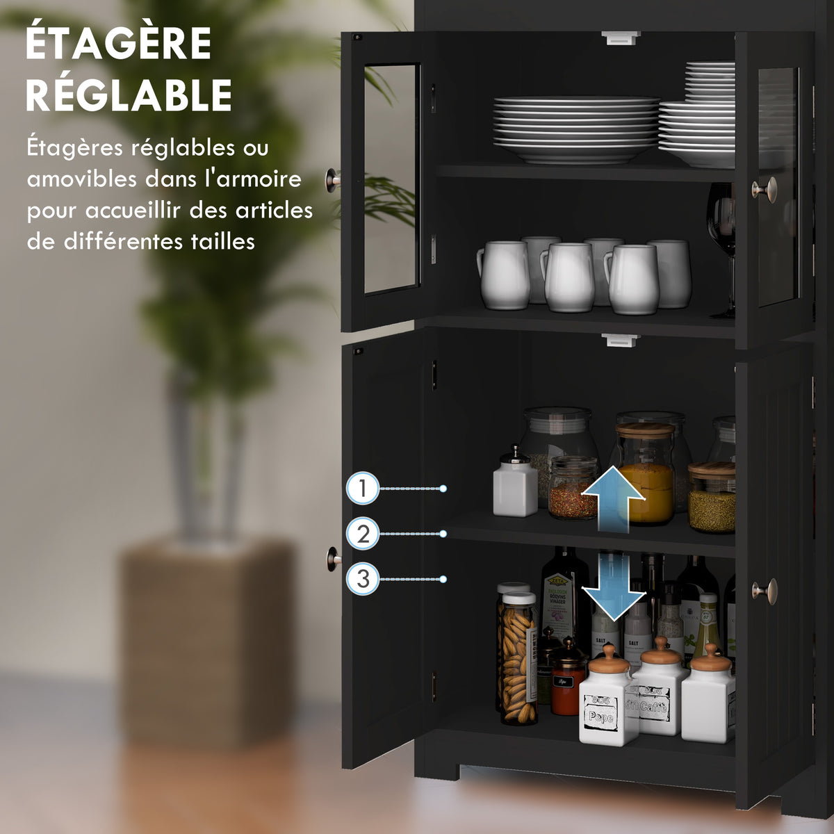 Armoire de cuisine buffet cuisine vaisselier meuble de rangement multi-rangements dim. 60I x 30P x 162H cm noir-5