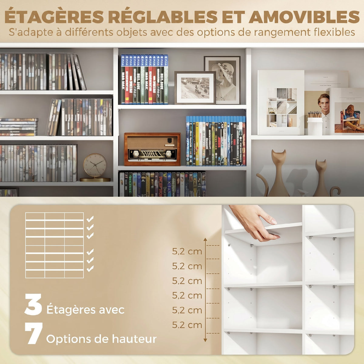 Meuble de rangement 1032 CDs / 594 DVDs, étagère multimédia, 24 compartiments et 18 étagères ajustables, blanc-4