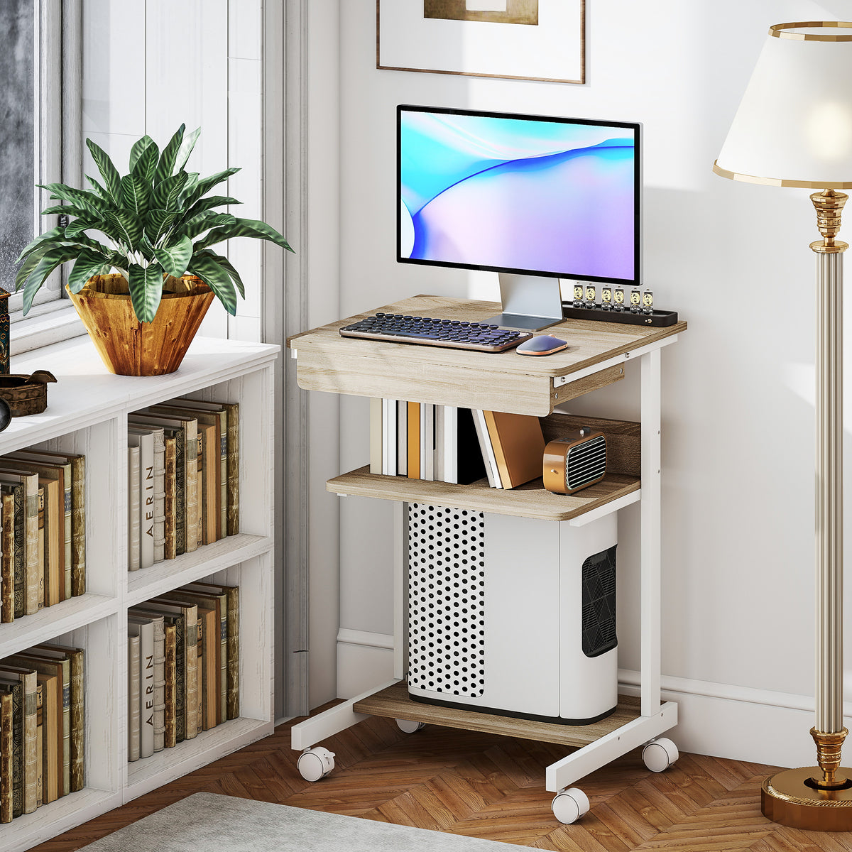 Bureau d'ordinateur sur roues, bureau avec rangement 56 x 51 cm avec tiroir, compartiment et support CPU, chêne-9