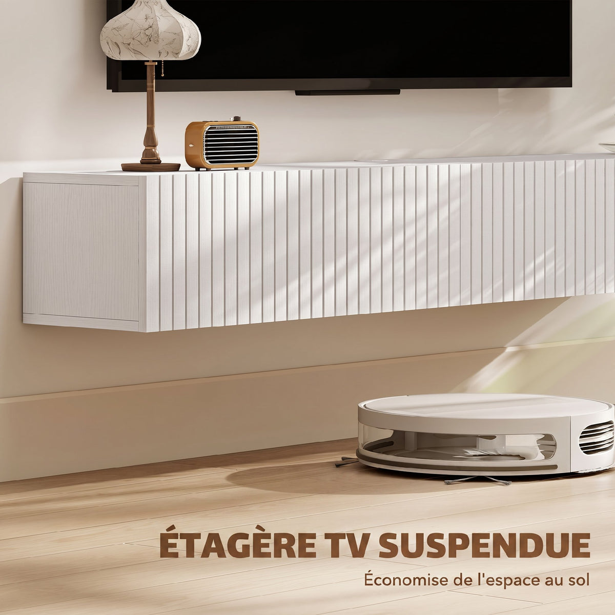 Meuble TV suspendu 140cm, meuble télé pour téléviseur 72 pouces, 2 portes rabattables, 140x25x22cm, blanc-3