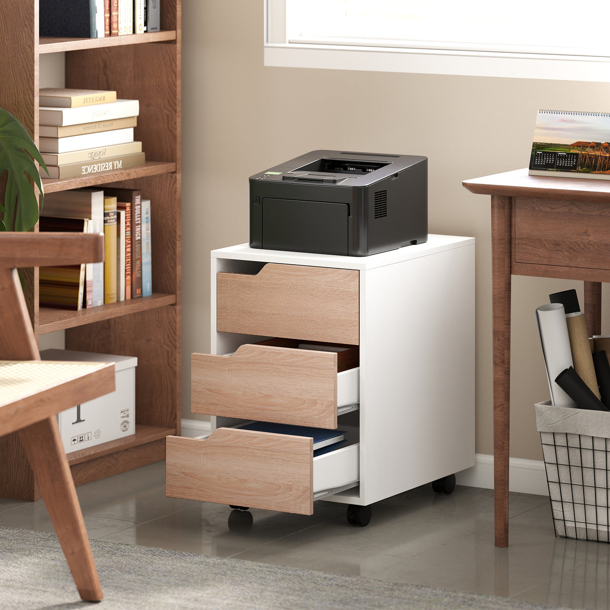 Caisson bureau mobile, meuble rangement bureau sur roulettes, 3 tiroirs, 40x50x57,5cm, blanc et chêne-1