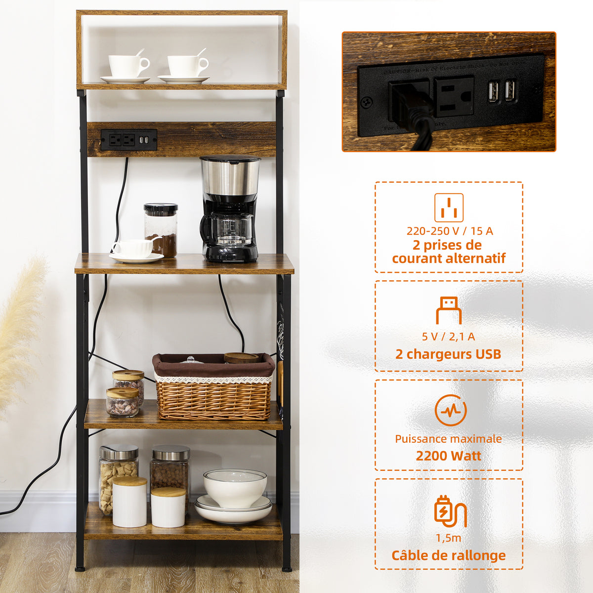 Étagère de cuisine support pour micro-ondes avec 2 chargeurs USB et 2 prise de courant, 5 crochets et étagère réglable-3