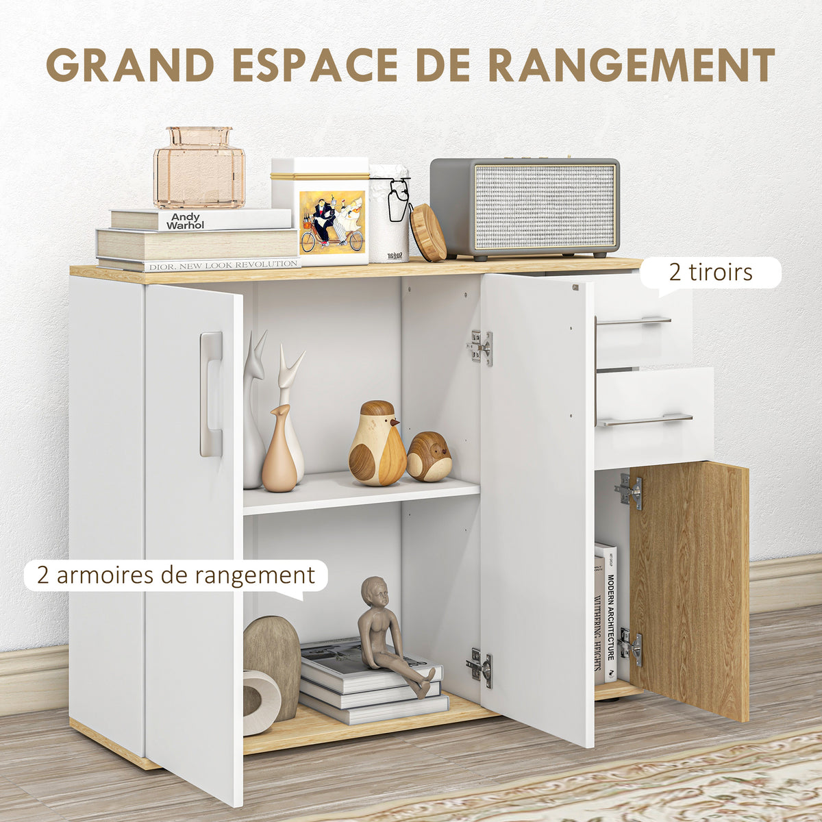 Buffet, meuble de rangement avec 3 portes, 2 tiroirs et étagère réglable, 90 x 30 x 75,5 cm, blanc et bois naturel-3