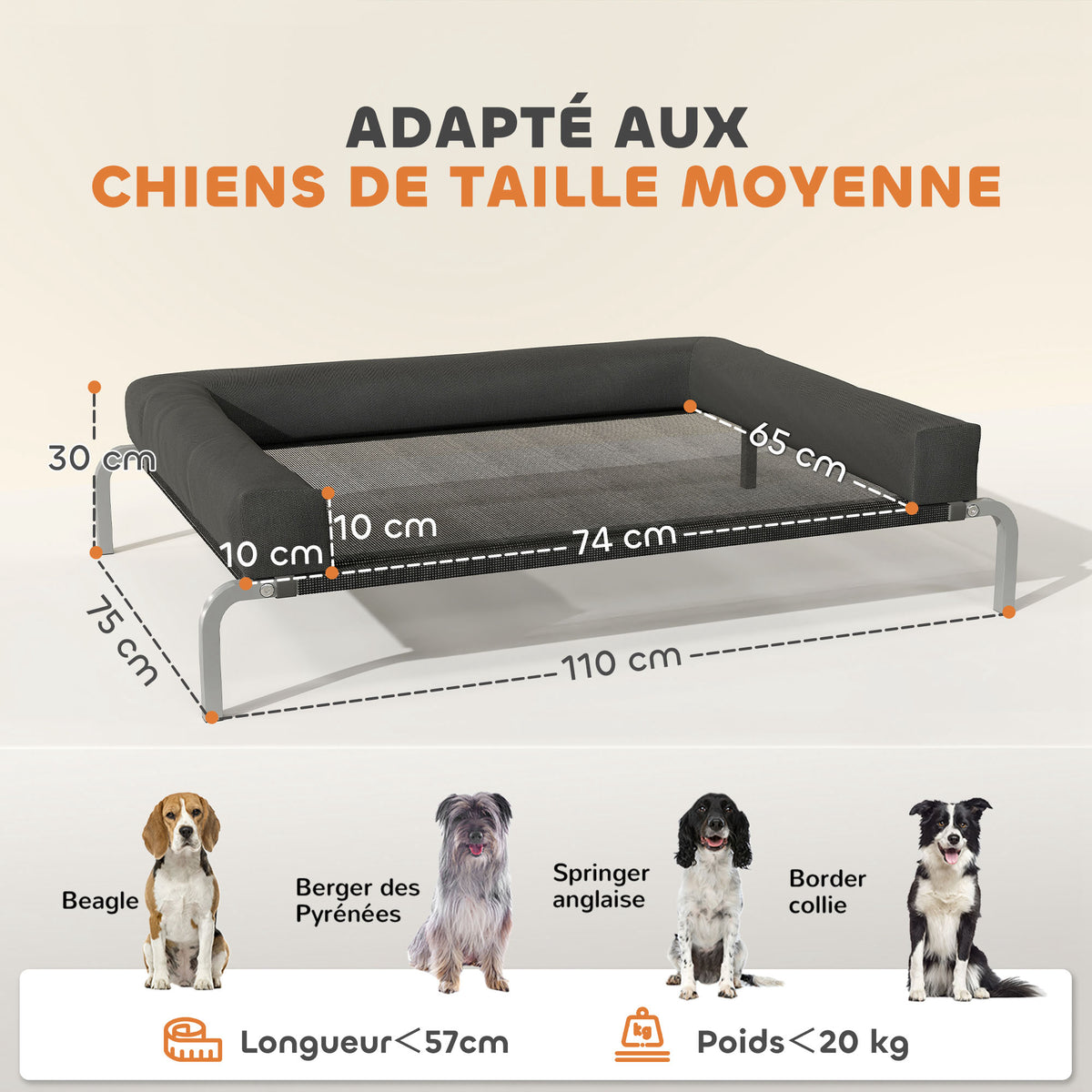 Lit surélevé pour chien rafraichissant, lit de camp pour chiens intérieur extérieur portable, 110 x 75 x 30 cm, noir-2