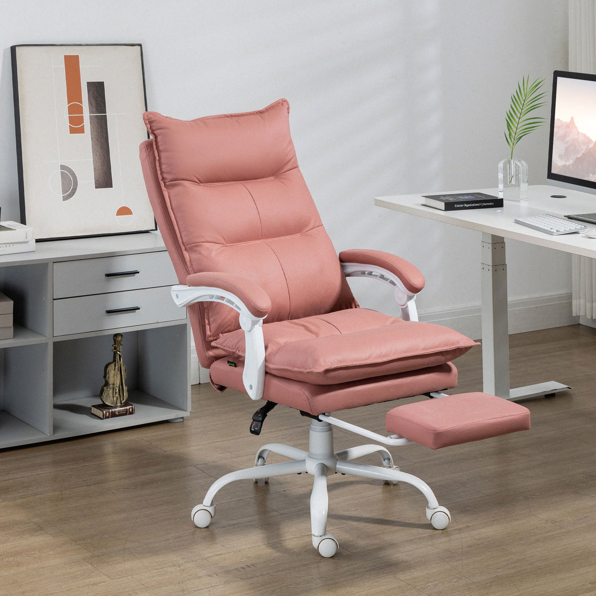 Fauteuil de bureau massant et chauffant, chaise de bureau, hauteur réglable, dossier inclinable, 66x74x121,5cm rose-9