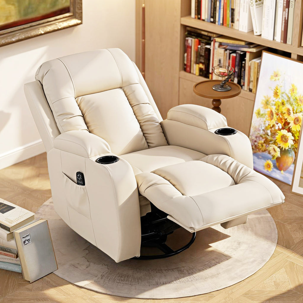 Fauteuil inclinable de massage et chauffage, fauteuil de relaxation, dossier réglable, pivotant 360°, 82x99x103cm, crème-8