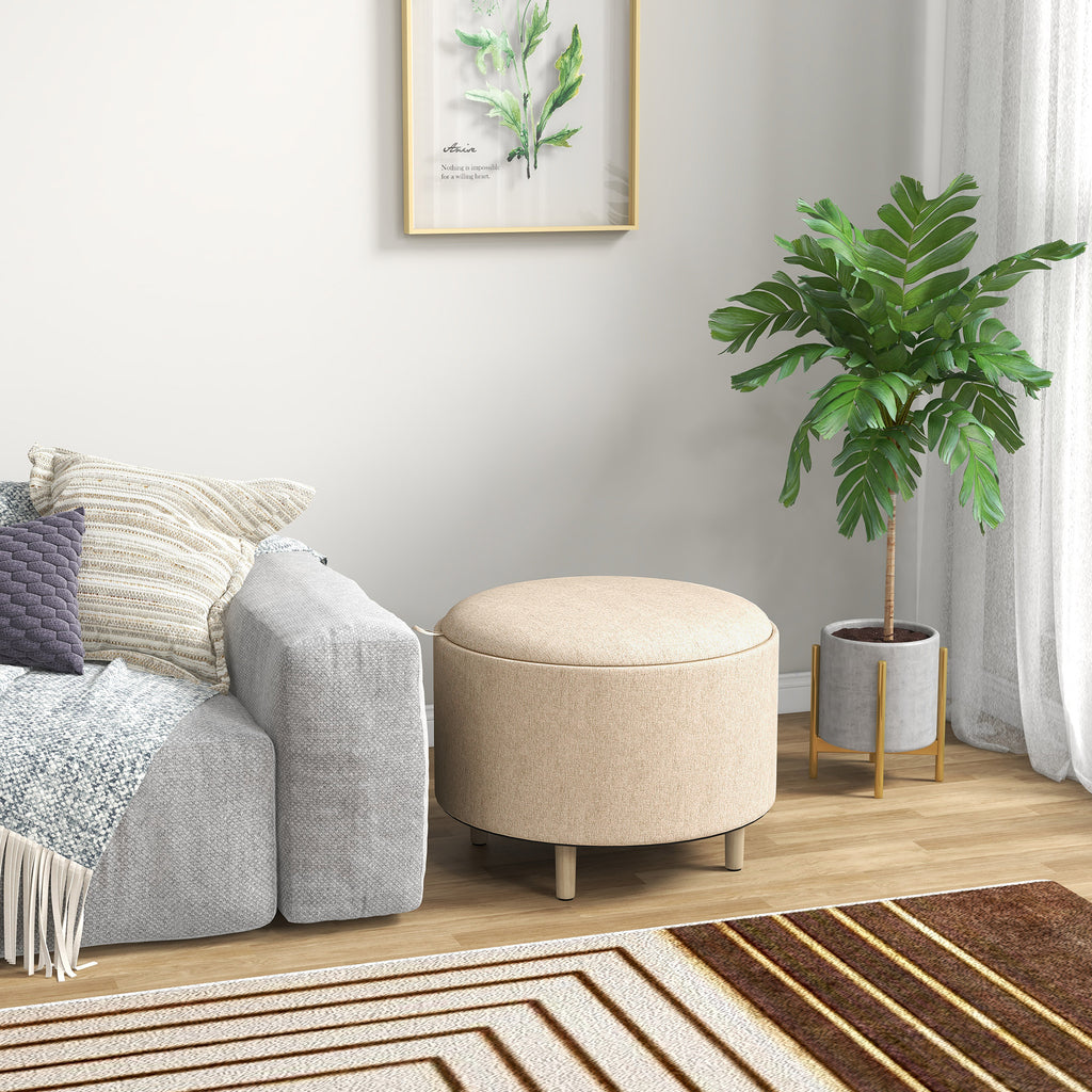 Pouf rond repose-pieds tabouret avec coffre de rangement, plateau réversible, meuble 3 en 1 pied en bois beige-9