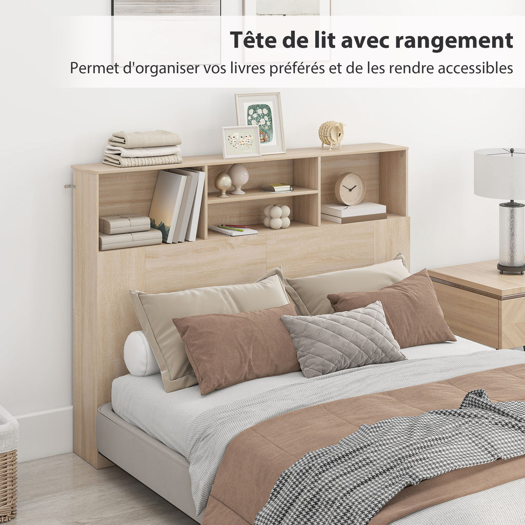 Tête de lit sur pied avec rangements, accessoire de lit 4 compartiments ouverts, 140 x 19 x 103,5 cm, effet bois naturel-3