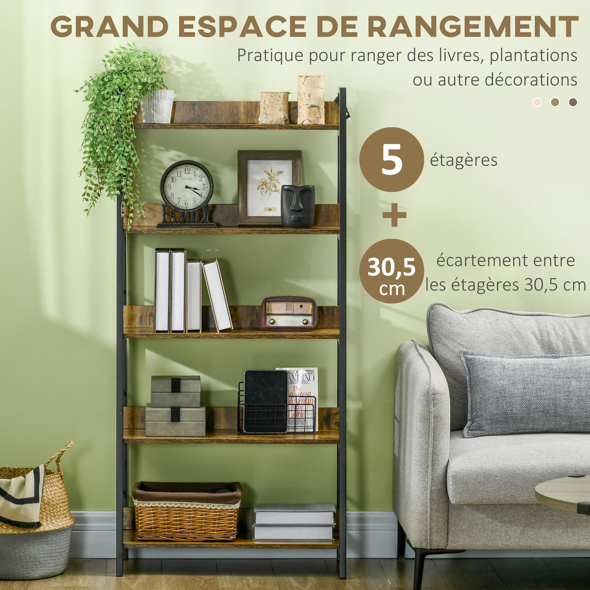 Étagère bibliothèque Style Industriel incliné 5 Niveaux 70L x 35l x 150H cm-3