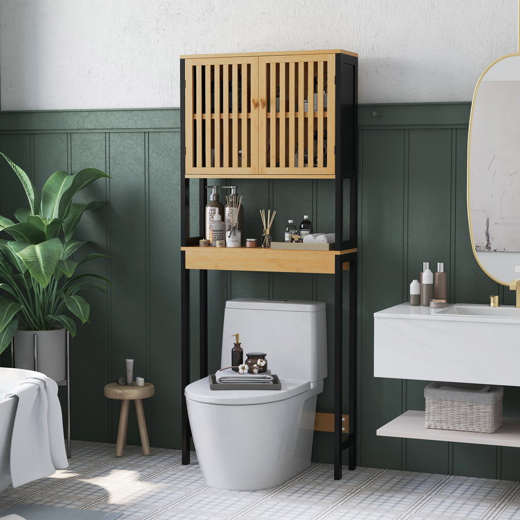 Étagère de toilettes meuble de salle de bain dessus toilette WC avec placard 2 portes et étagère ouverte bambou-9