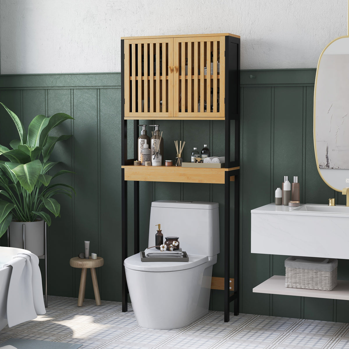 Étagère de toilettes meuble de salle de bain dessus toilette WC avec placard 2 portes et étagère ouverte bambou-9
