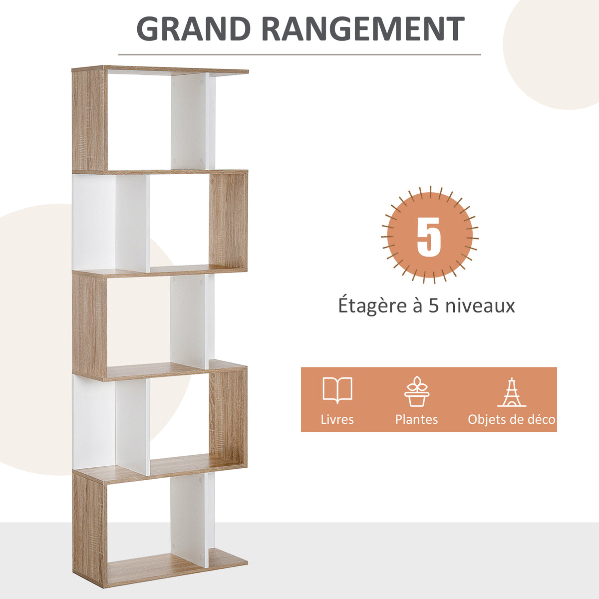 Bibliothèque à 5 niveaux, meuble de rangement en forme de S avec étagères, étagère de rangement blanc-3