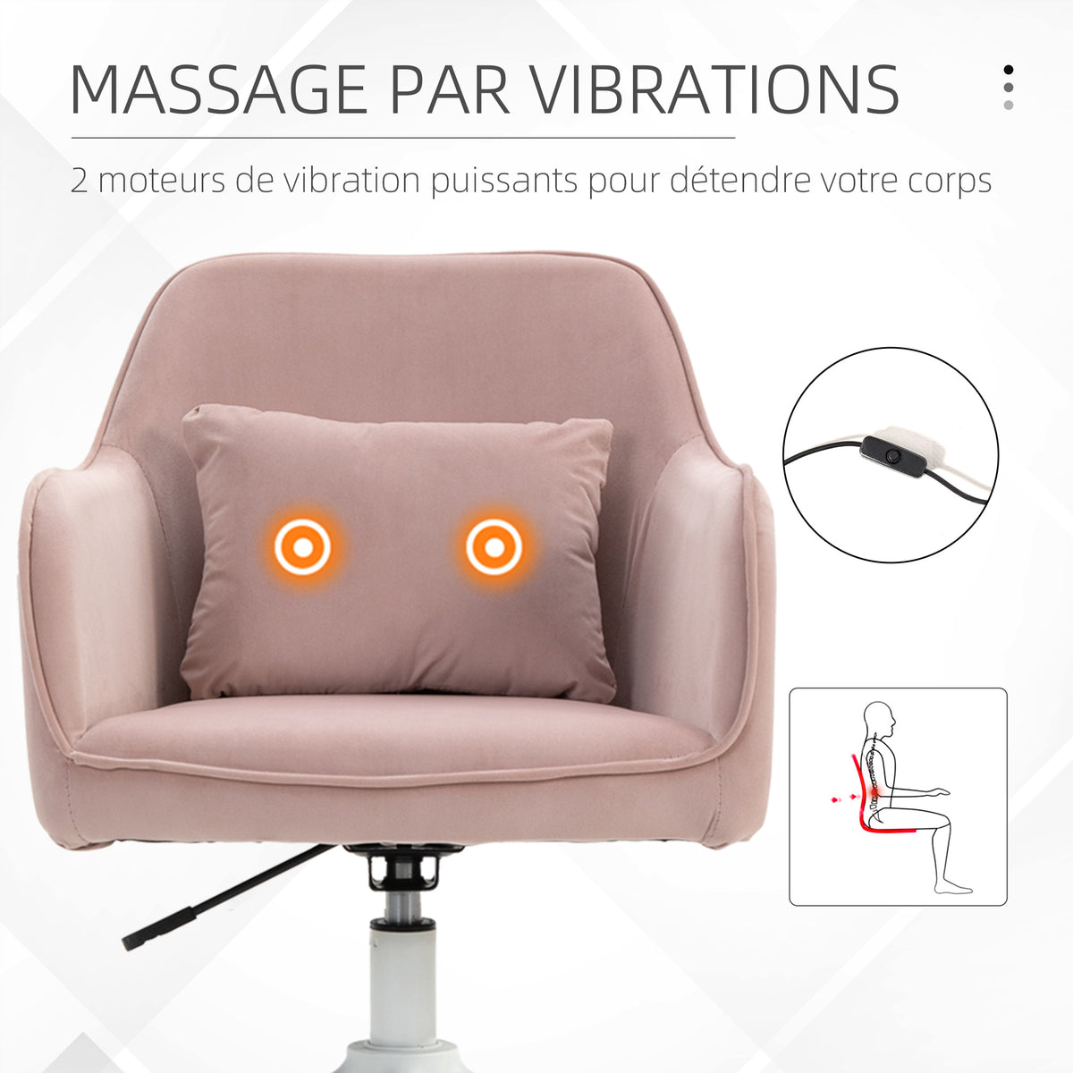 Chaise de bureau velours fauteuil bureau massant coussin lombaire intégré hauteur réglable rose poudré-3