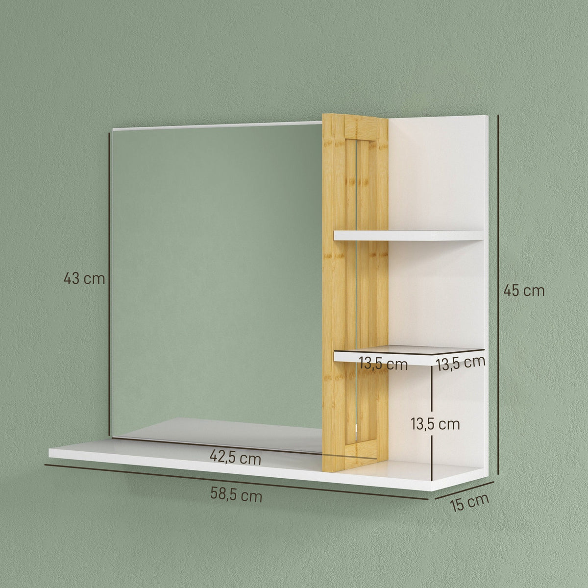 Miroir mural de salle de bain avec 3 étagères latérales 1 étagère inférieure en bambou 45 x 15 x 58,5 cm blanc-2