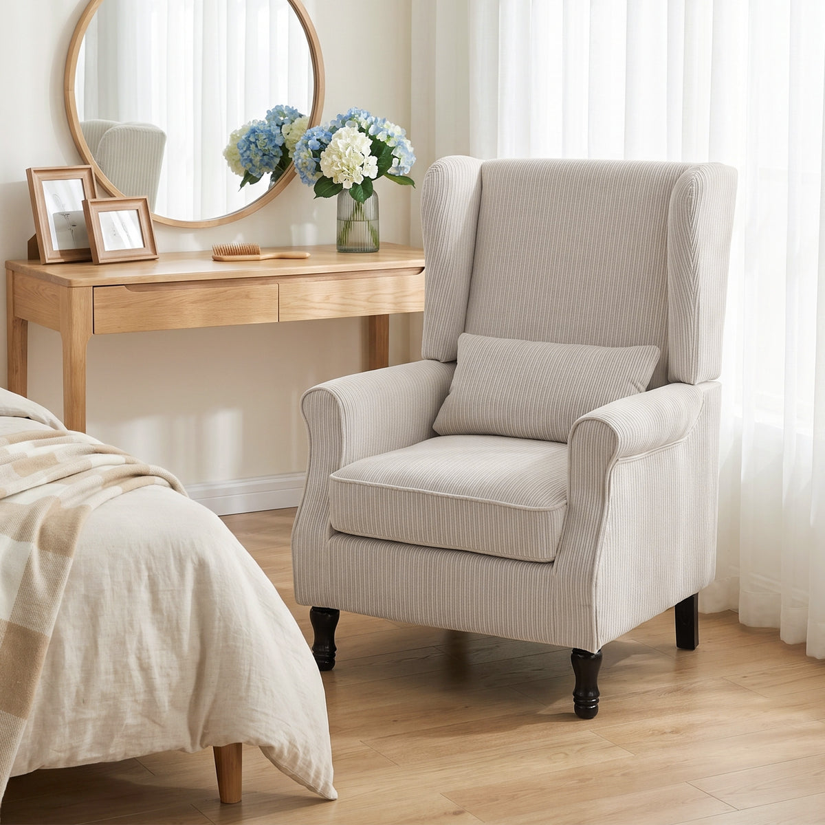 Fauteuil de Salon, Fauteuil d'Appoint Moderne en Velours Côtelé avec Haut Dossier à Oreilles, Coussin Lombaire, Beige-9