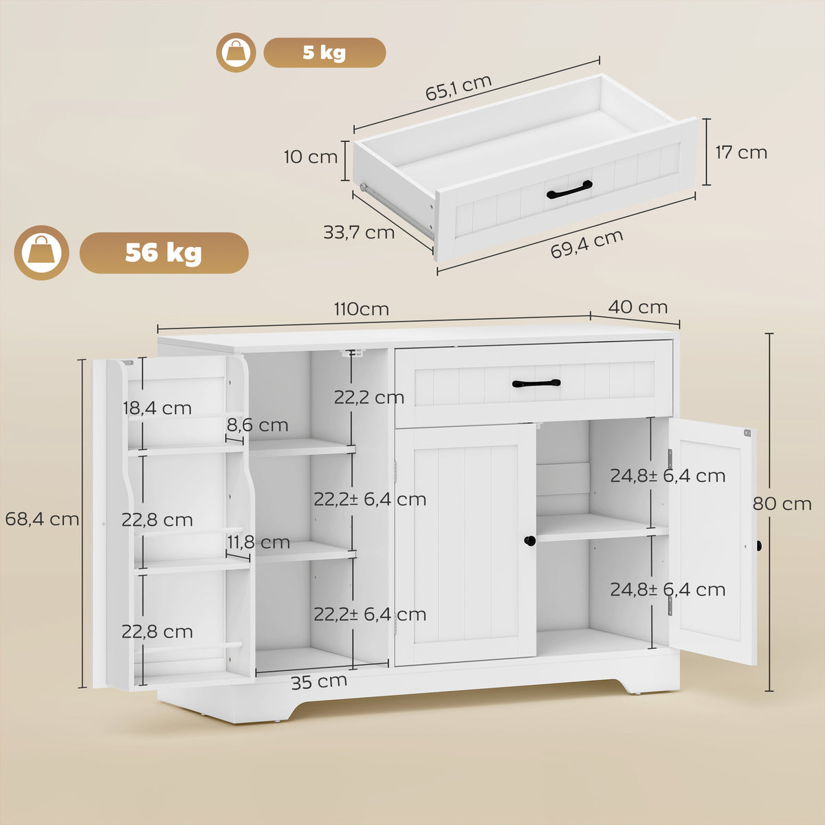 Buffet cuisine, meuble de rangement avec tiroir, 3 portes à fermeture douce, racks-porte et étagères réglables, blanc-2